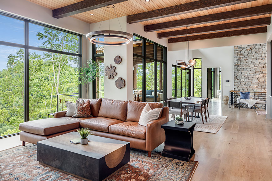 Mountain modern living room and dining area interior designed by FS Design Group Asheville