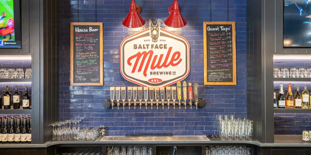 Salt Face Mule Brewing Asheville, NC bar design and tap wall
